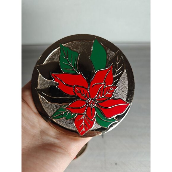 Set Of 4 Vintage Japan Brass Enamel Poinsettia Coasters 4" Velvet Back Christmas - Picture 6 of 7